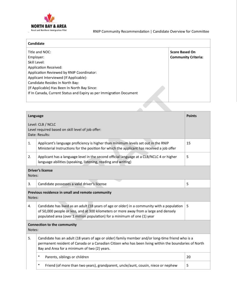 North Bay RNIP - Candidate Committee Criteria Score Sheet